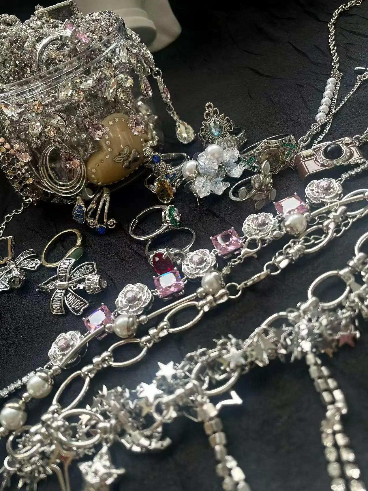 Silver Tone Mystery Jewelry Jar fashion jewelry assortment