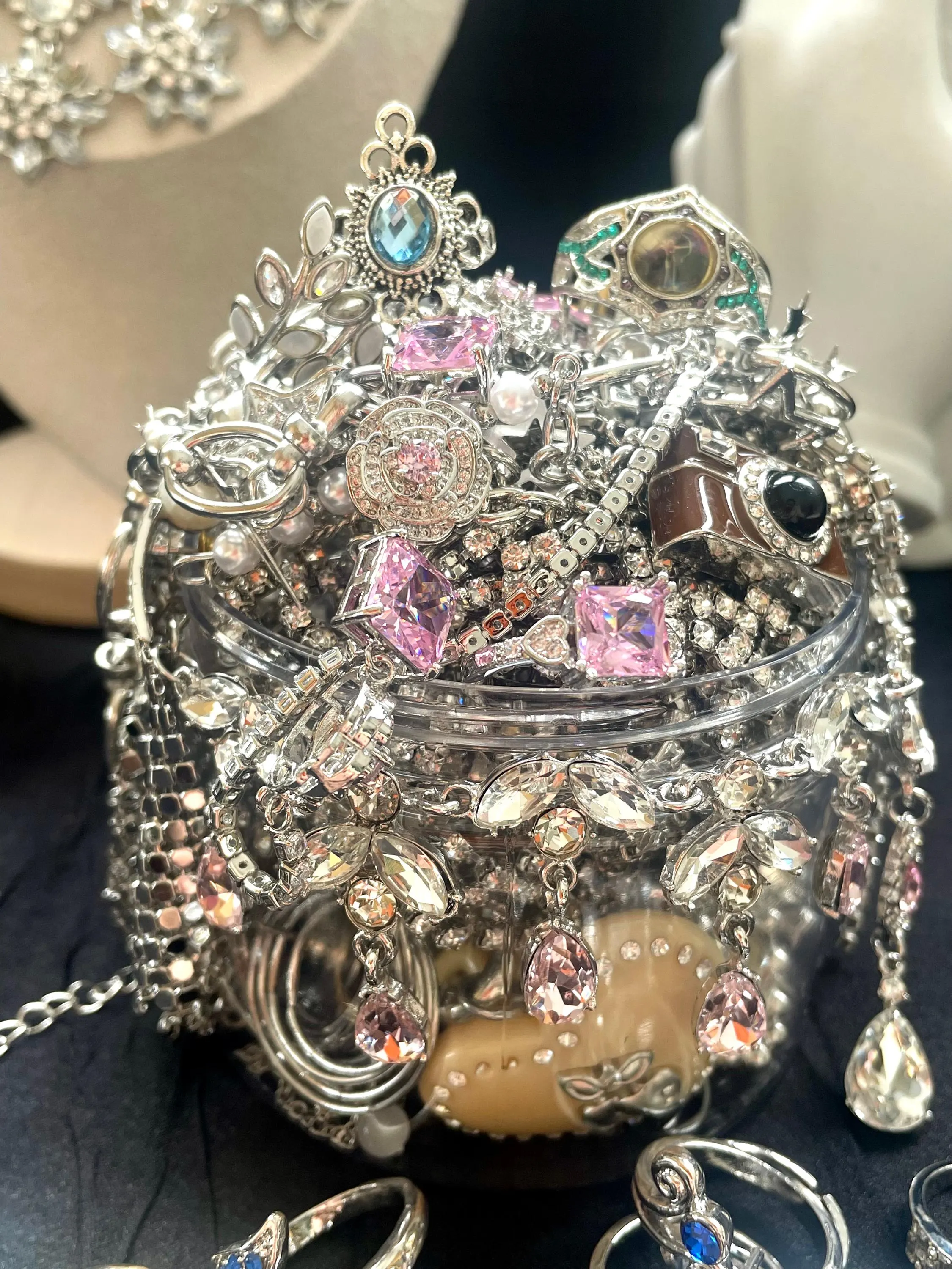 Silver Tone Mystery Jewelry Jar fashion jewelry assortment