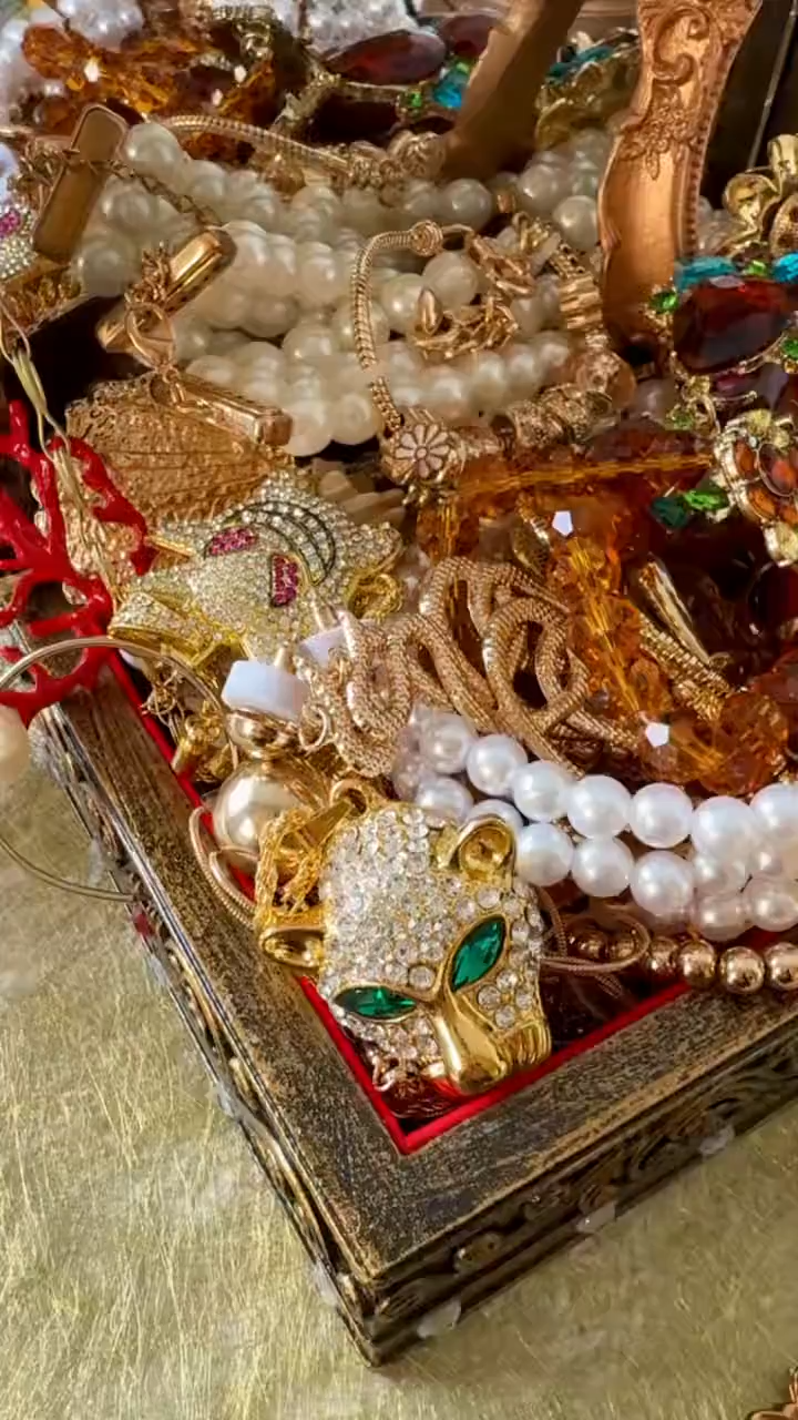 Vintage Inspired Gold Tone Mystery Jewelry Jar fashion jewelry assortment