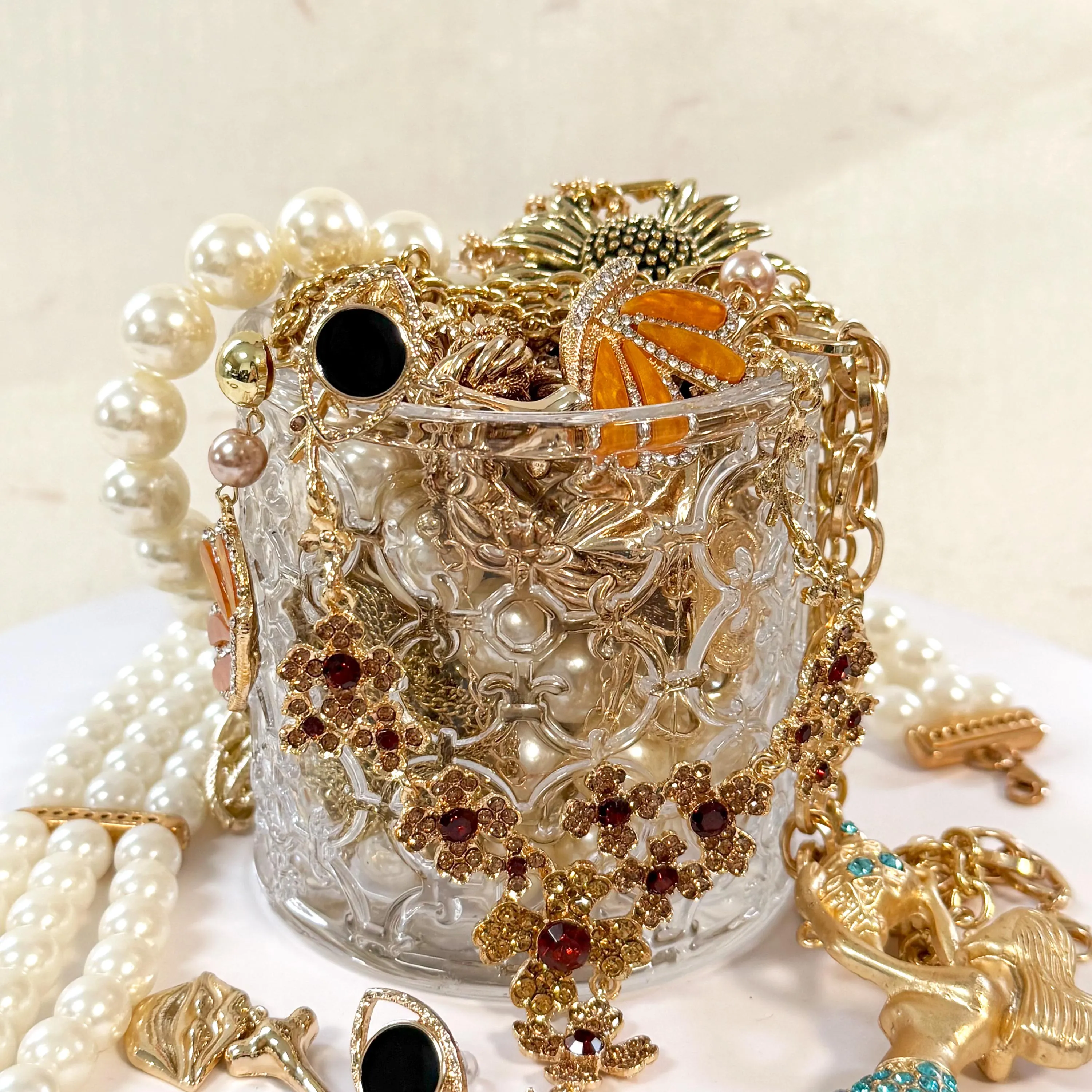 Vintage Inspired Gold Tone Mystery Jewelry Jar fashion jewelry assortment