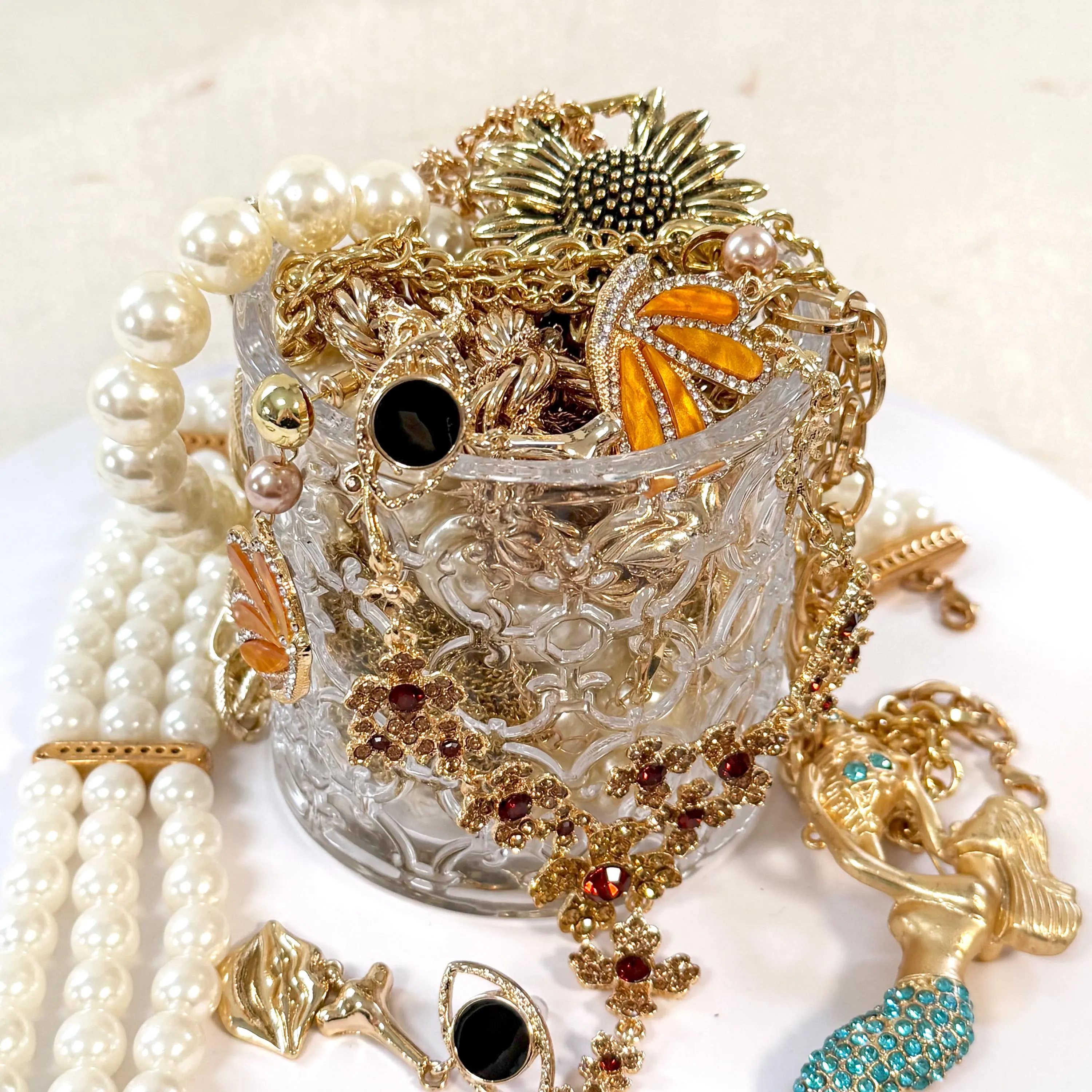 Vintage Inspired Gold Tone Mystery Jewelry Jar fashion jewelry assortment