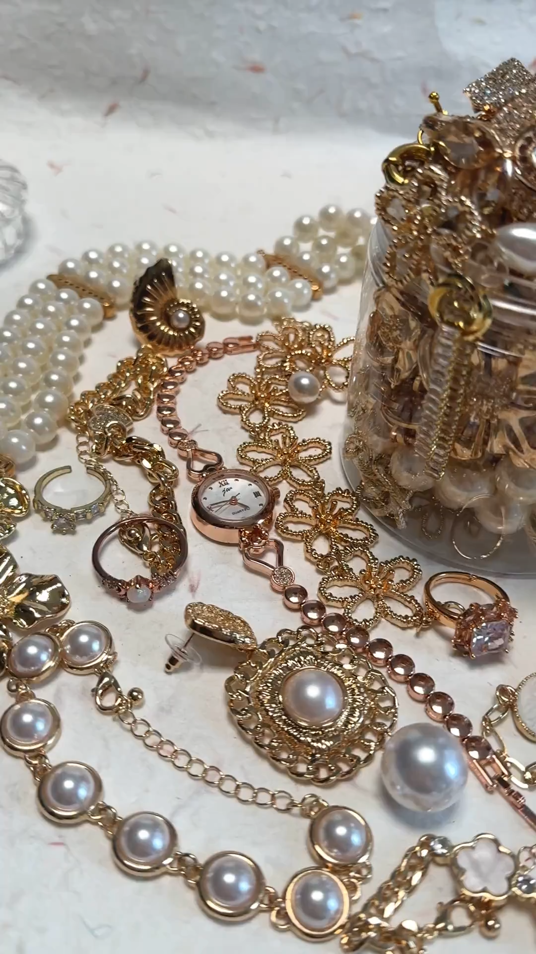 Pink Gold Tone Coquette Mystery Jewelry Jar fashion jewelry assortment