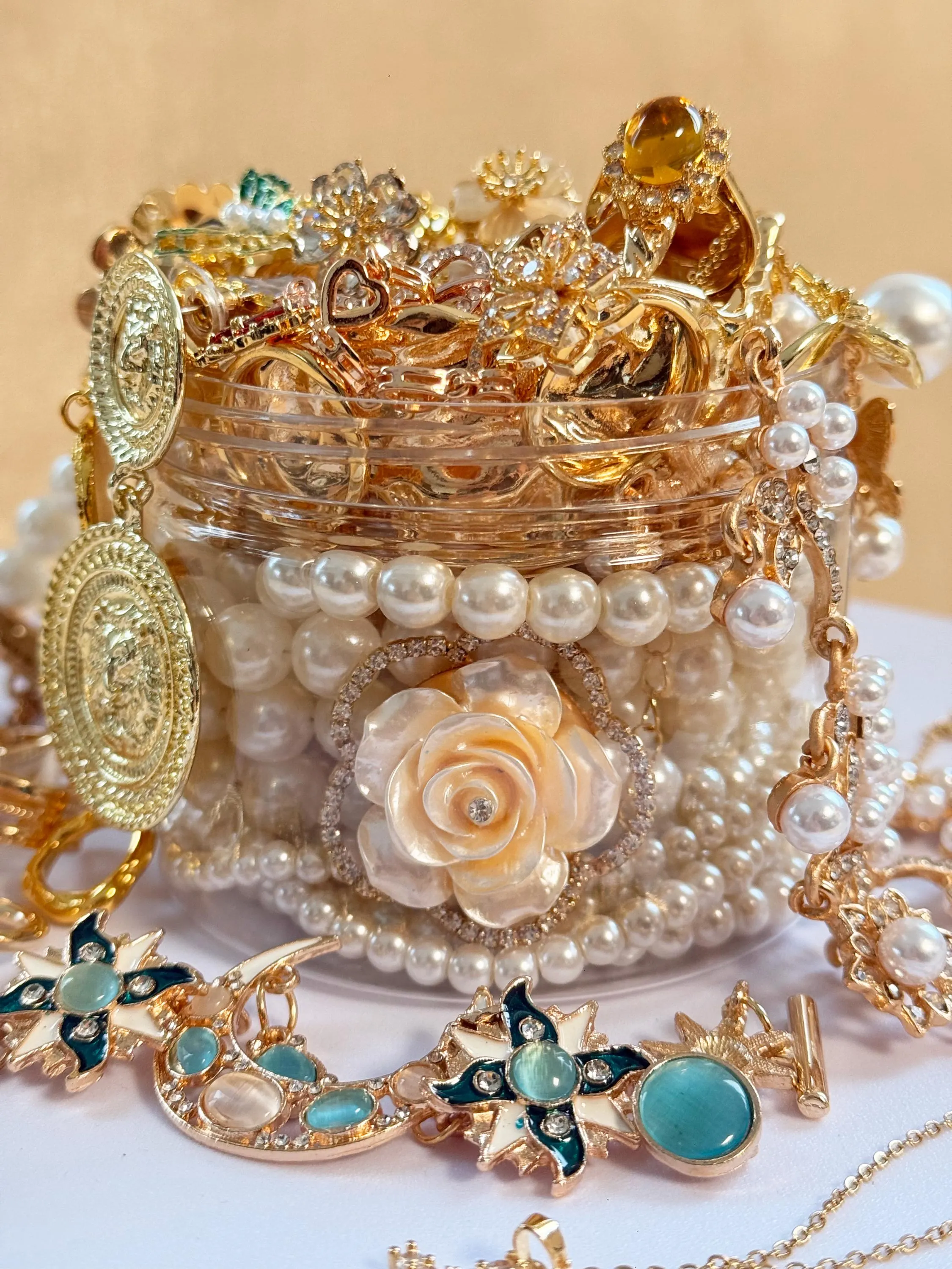 Pink Gold Tone Coquette Mystery Jewelry Jar fashion jewelry assortment