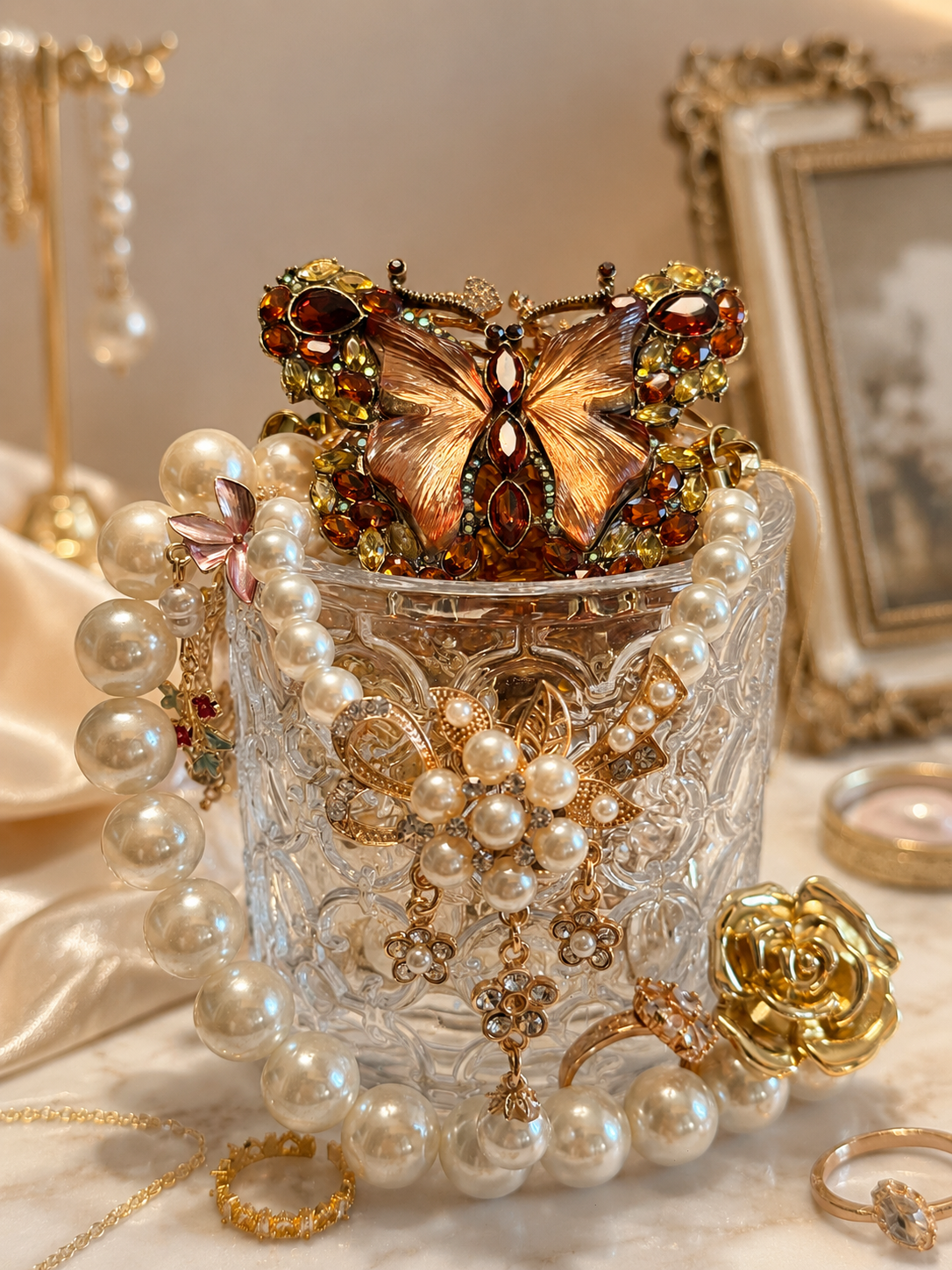 Gold Tone Pearl Style Mystery Jewelry Jar fashion jewelry assortment