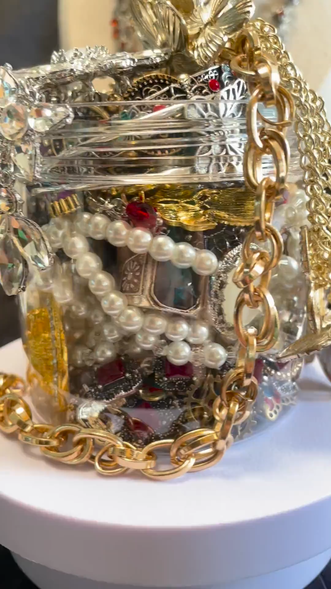 Vintage Inspired Gold Tone Mystery Jewelry Jar fashion jewelry assortment