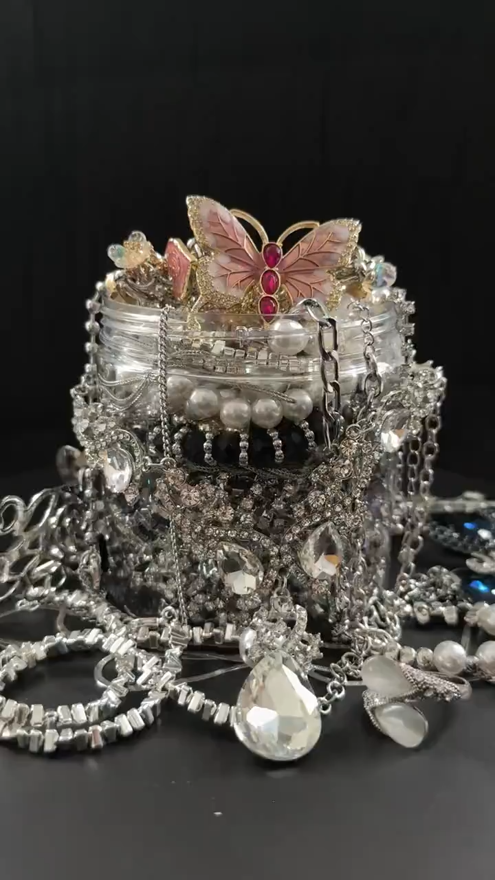 Vintage Inspired Silver Tone Mystery Jewelry Jar fashion jewelry assortment