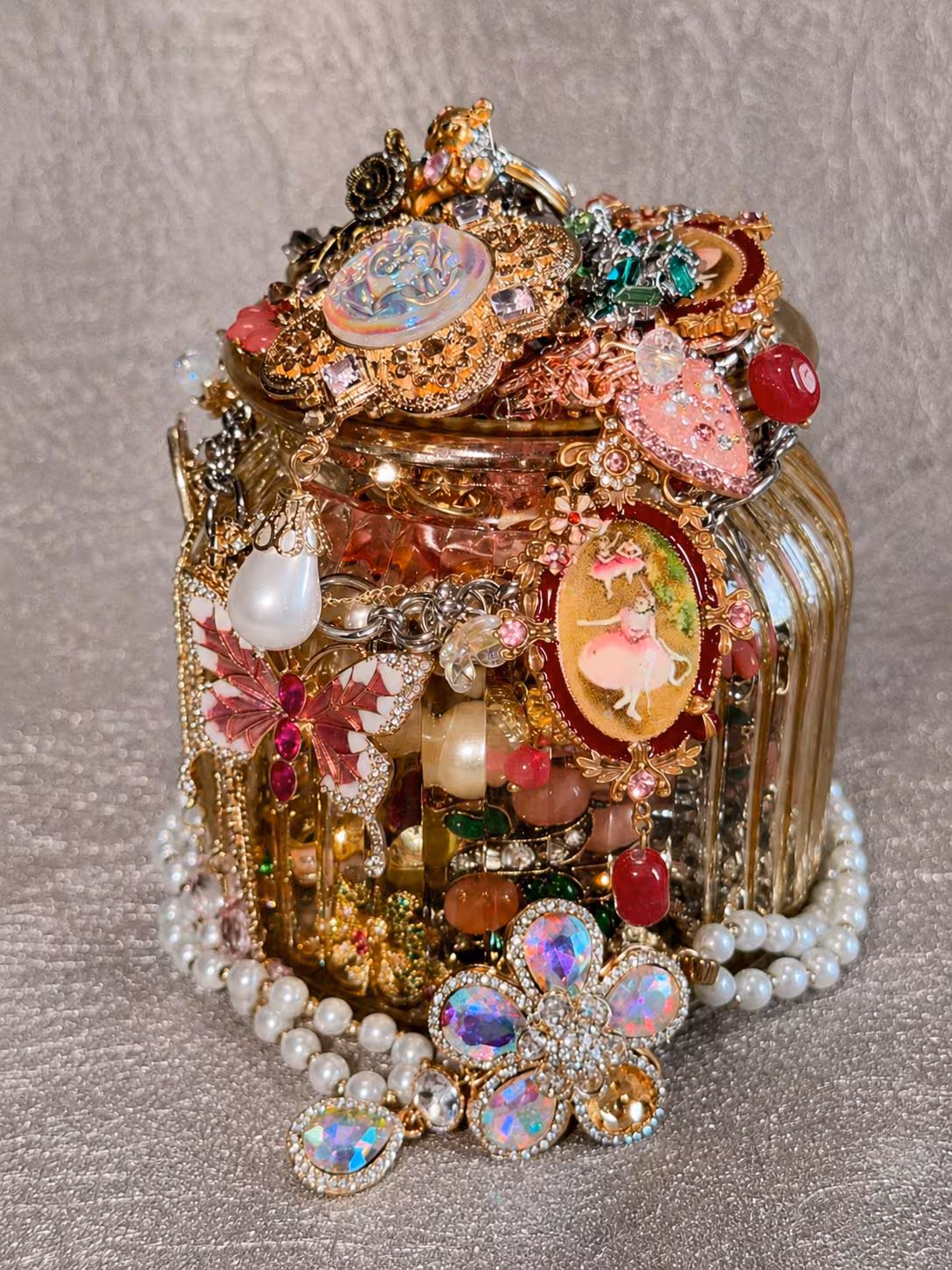 Pink Gold Tone Coquette Mystery Jewelry Jar fashion jewelry assortment