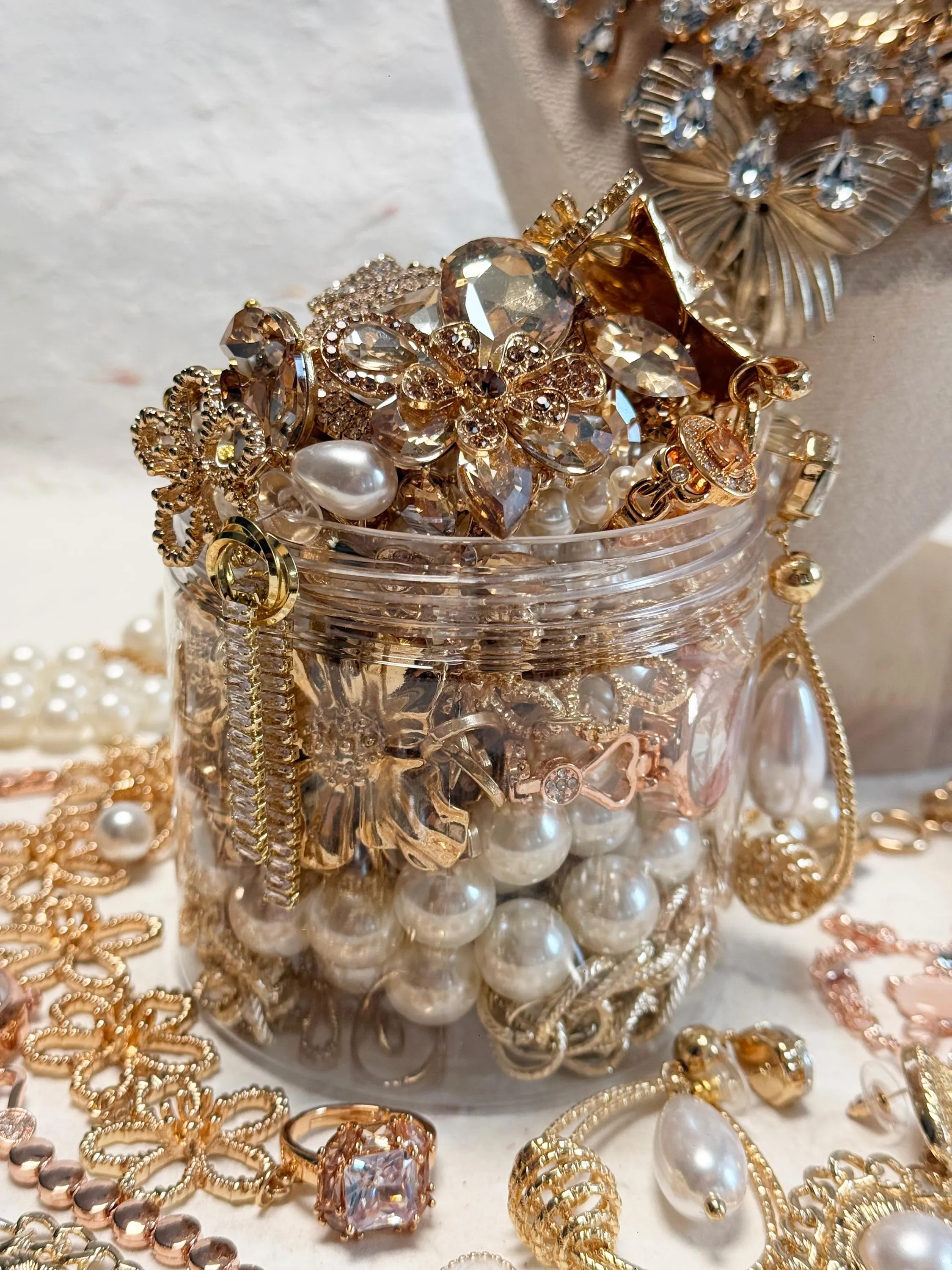 Pink Gold Tone Coquette Mystery Jewelry Jar fashion jewelry assortment