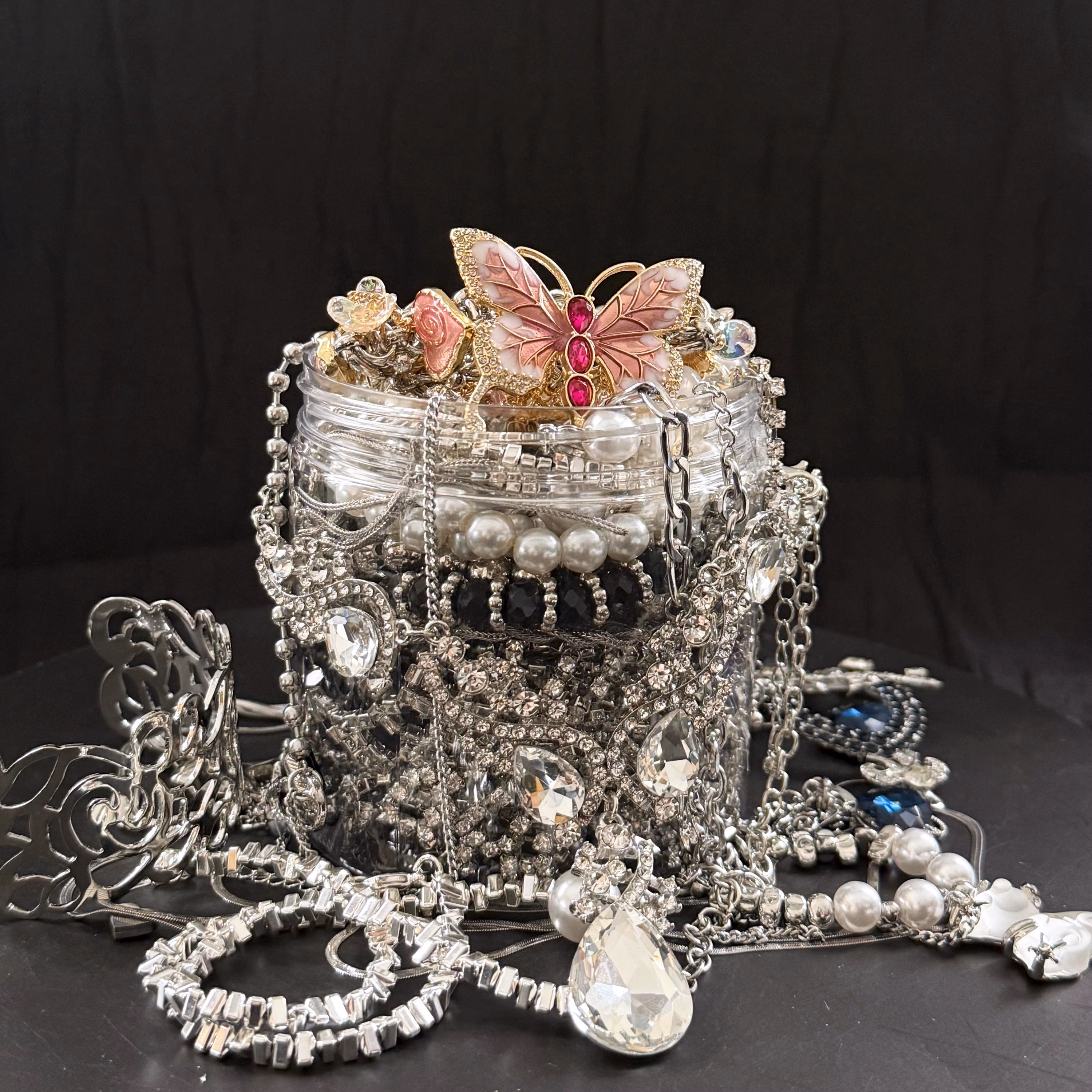 Vintage Inspired Silver Tone Mystery Jewelry Jar fashion jewelry assortment