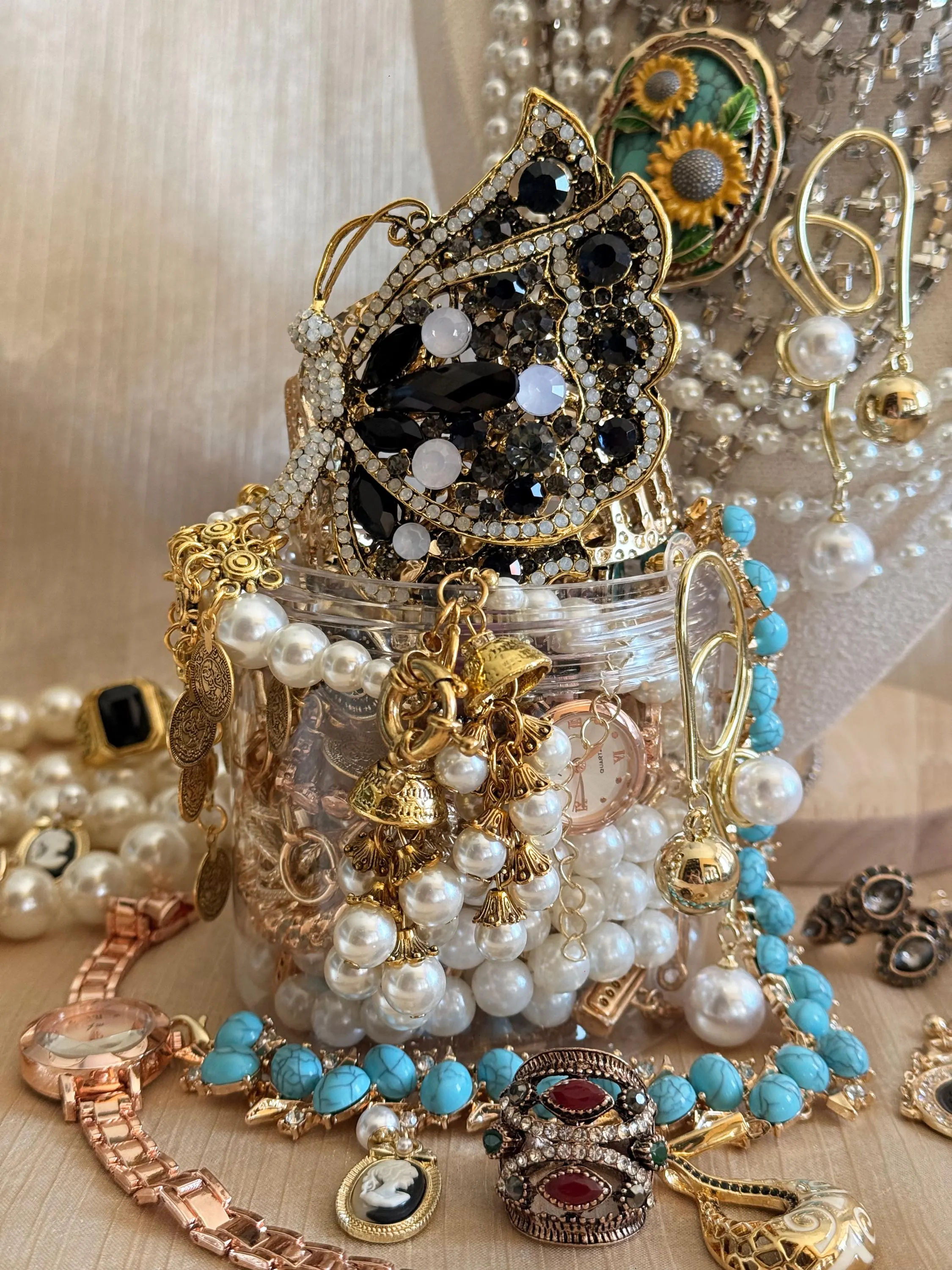Vintage Inspired Gold Tone Mystery Jewelry Jar fashion jewelry assortment