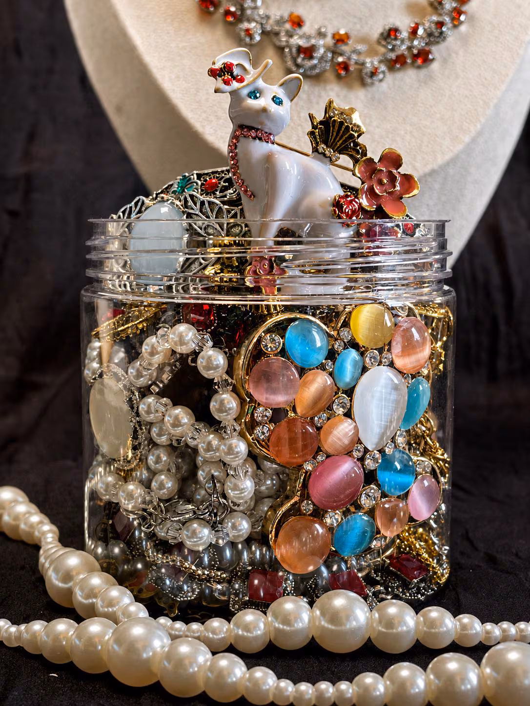 Vintage Inspired Gold Tone Mystery Jewelry Jar fashion jewelry assortment