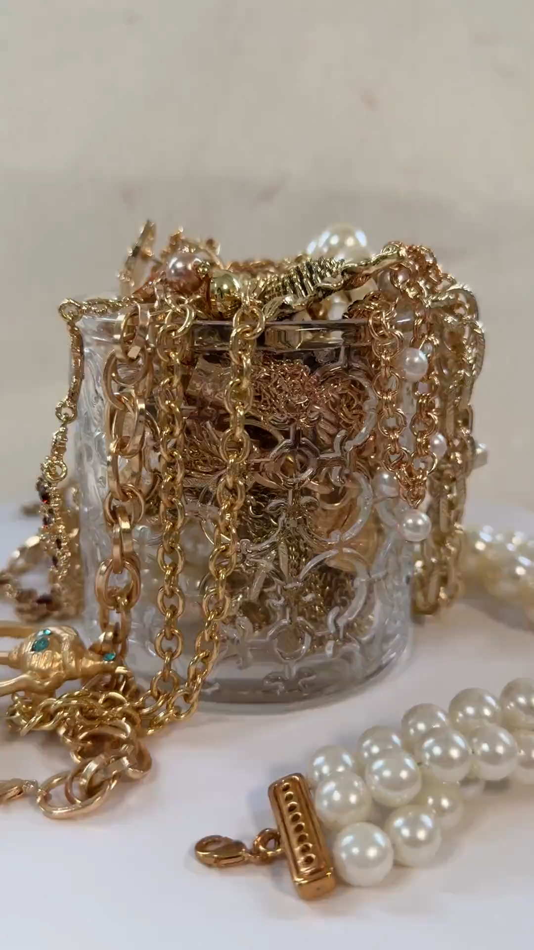 Vintage Inspired Gold Tone Mystery Jewelry Jar fashion jewelry assortment