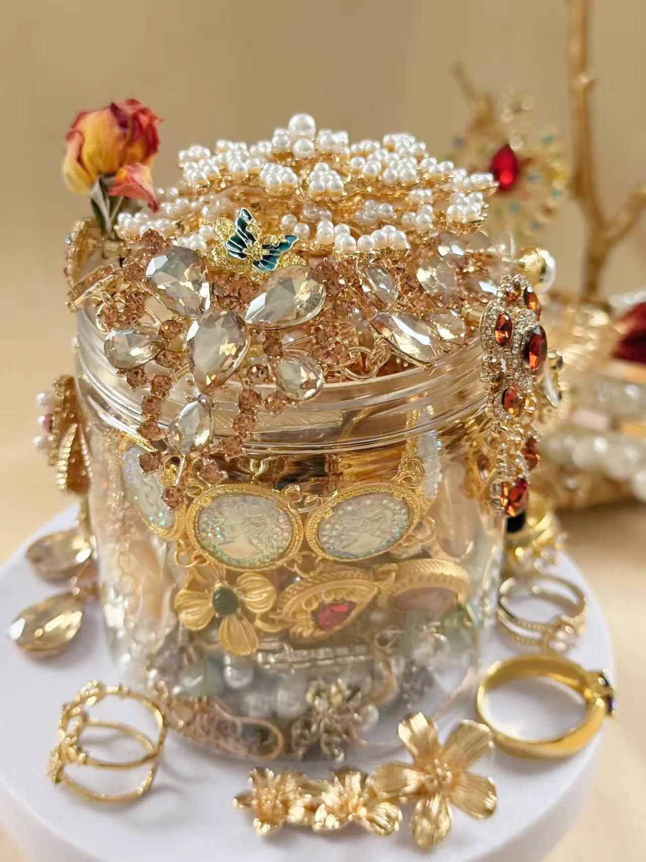 Vintage Inspired Gold Tone Mystery Jewelry Jar fashion jewelry assortment