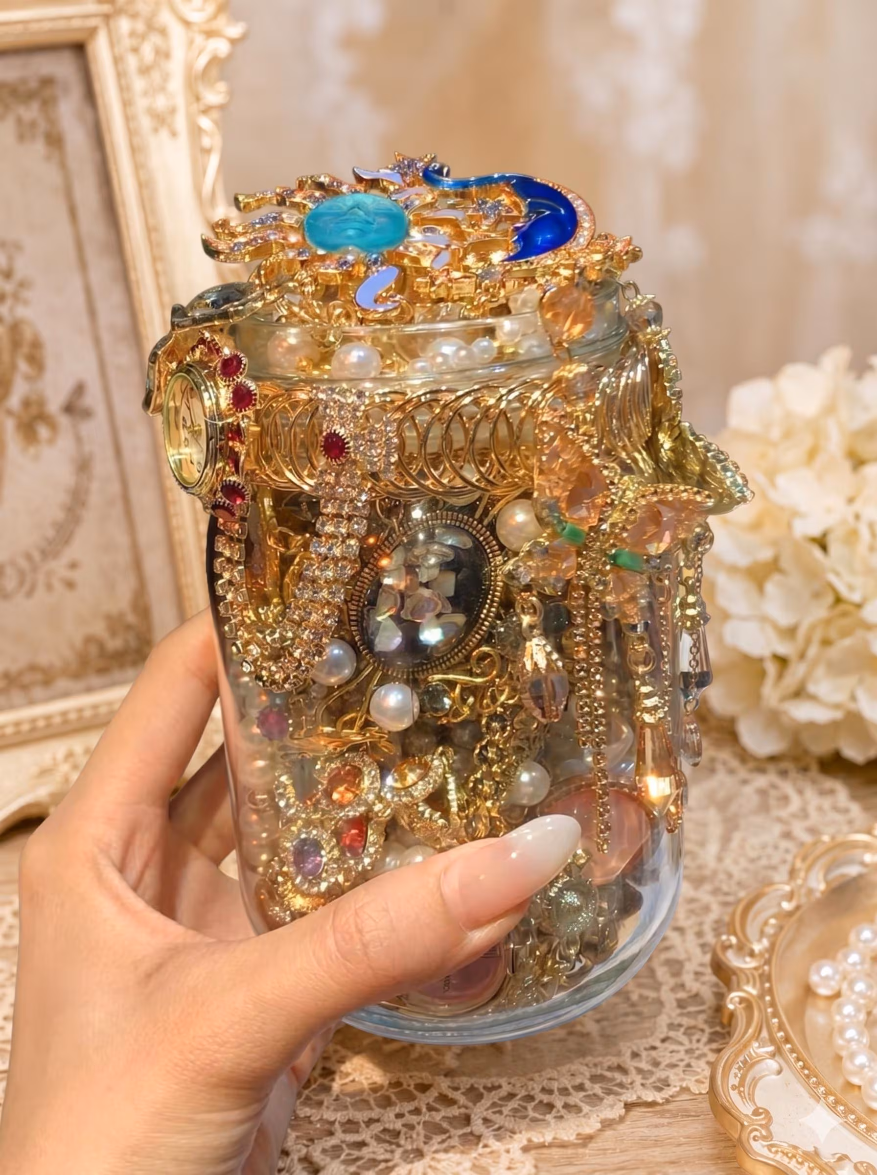 Vintage Inspired Gold Tone Mystery Jewelry Jar fashion jewelry assortment