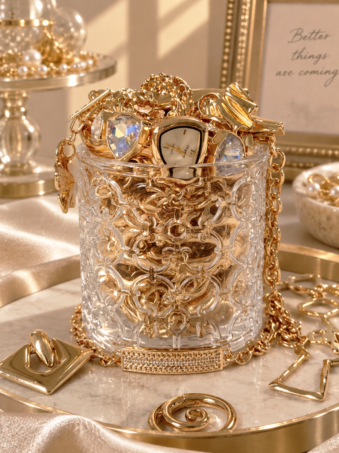 Gold Tone Geometric Mystery Jewelry Jar fashion jewelry assortment