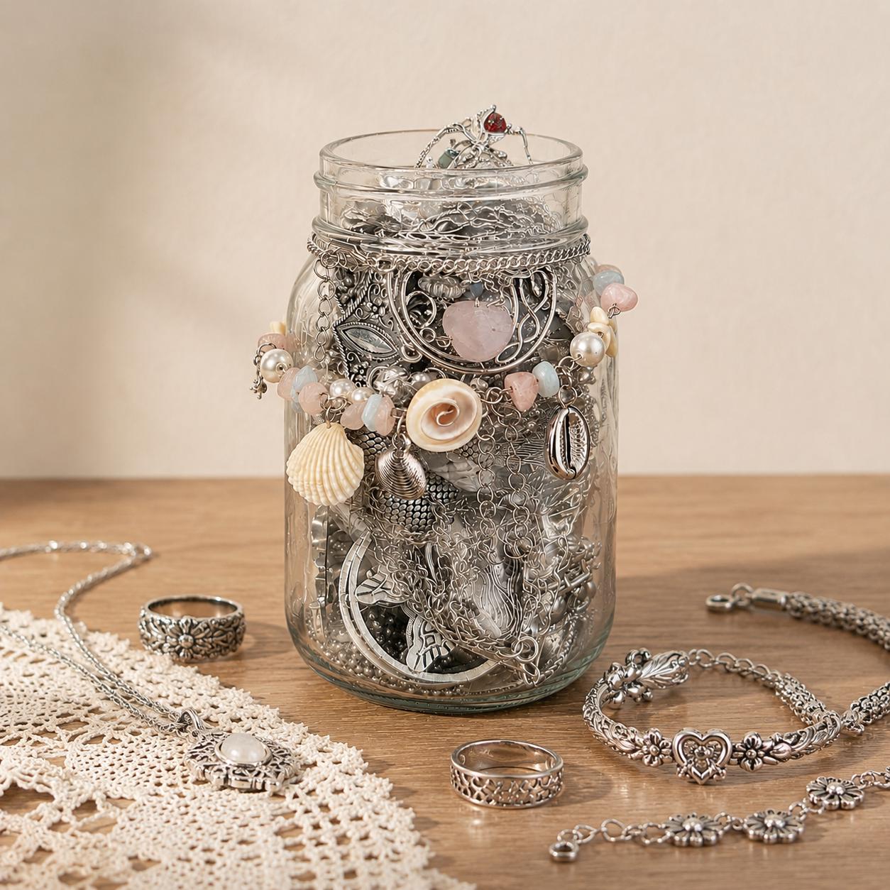 Silver Tone Mystery Jewelry Jar fashion jewelry assortment