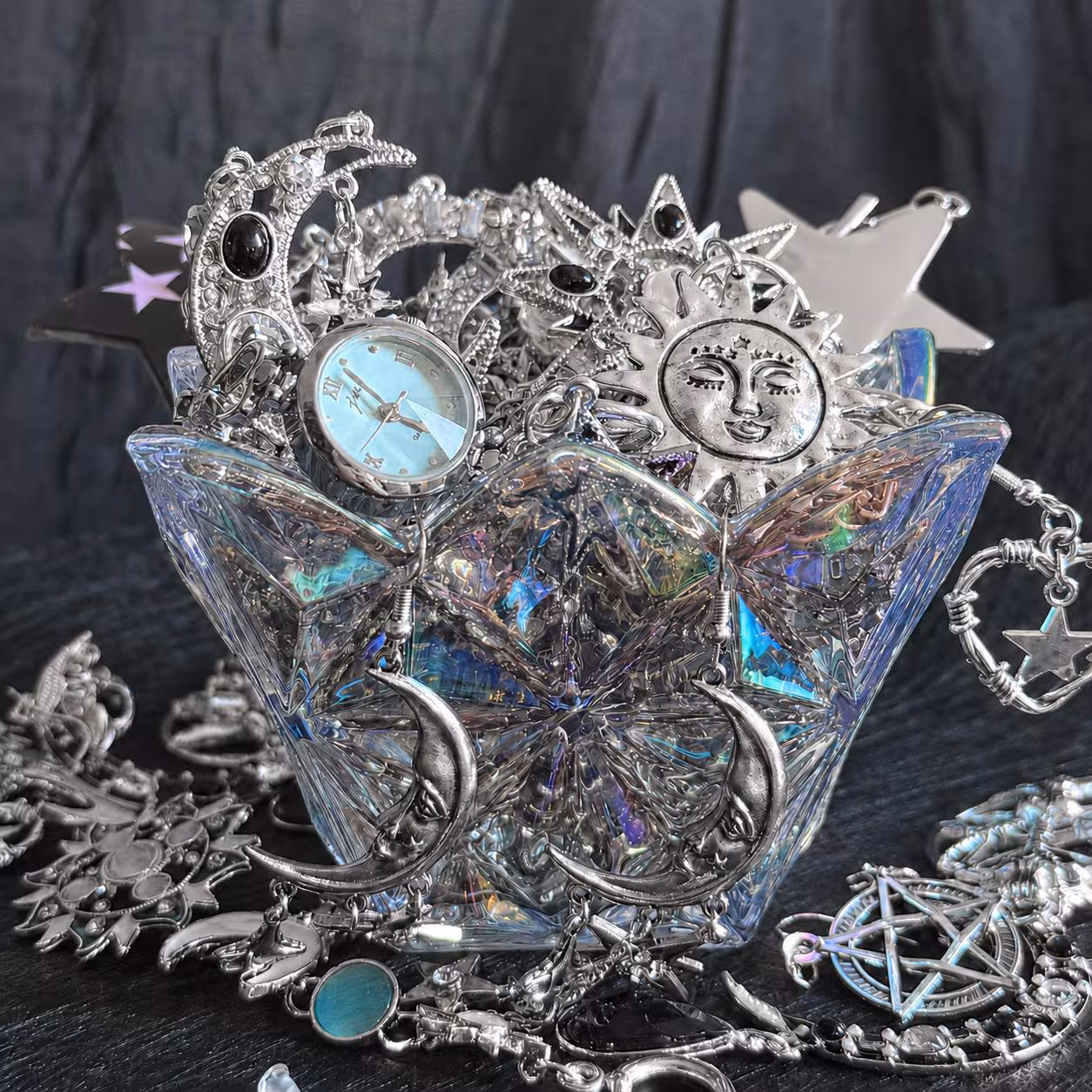 Silver Tone Celestial Mystery Jewelry Box fashion jewelry assortment