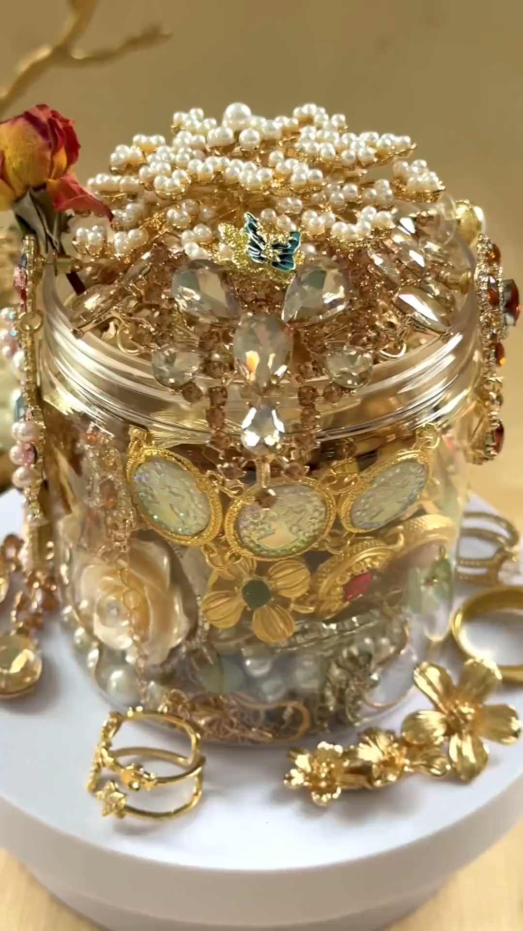 Vintage Inspired Gold Tone Mystery Jewelry Jar fashion jewelry assortment