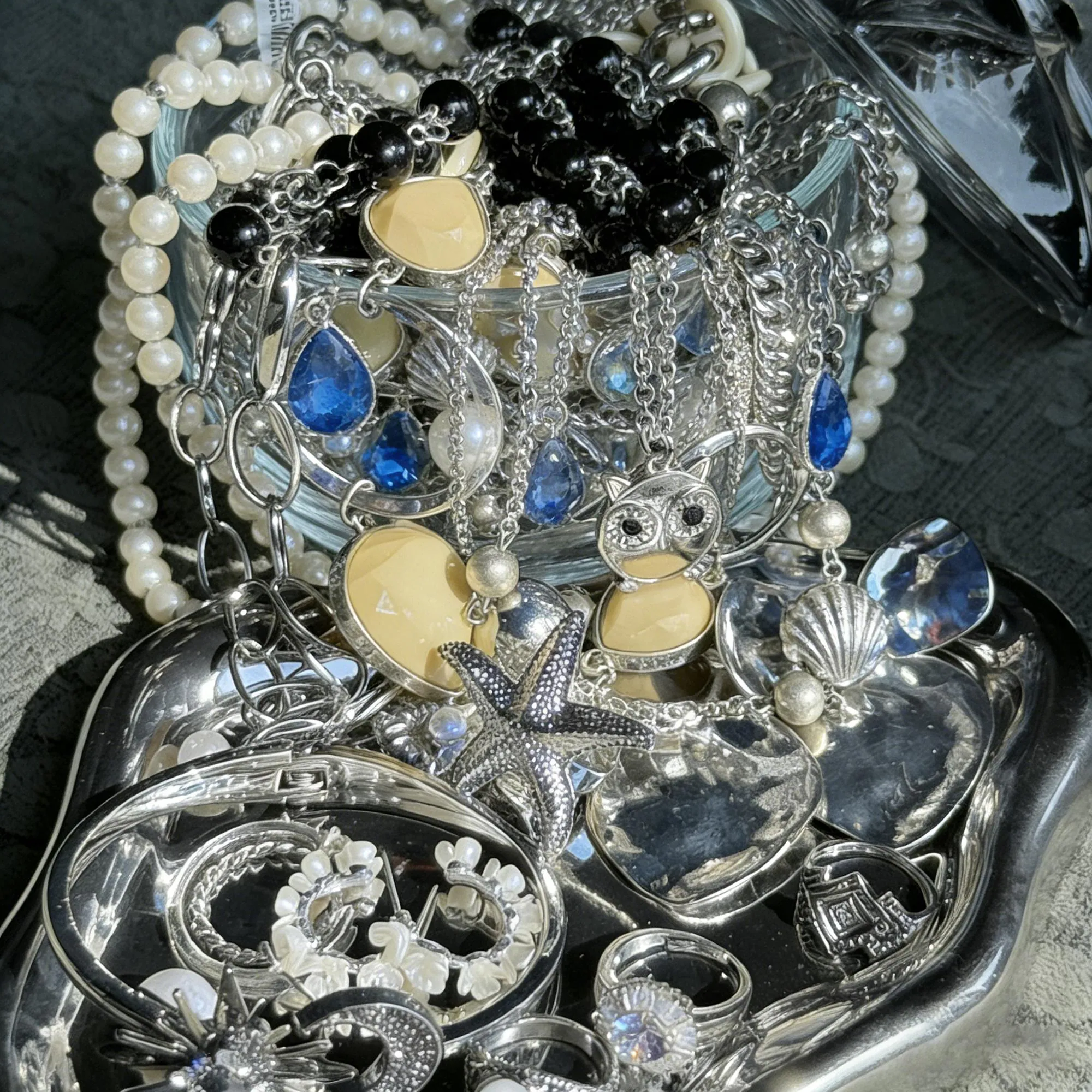 Vintage Inspired Silver Tone Mystery Jewelry Jar fashion jewelry assortment