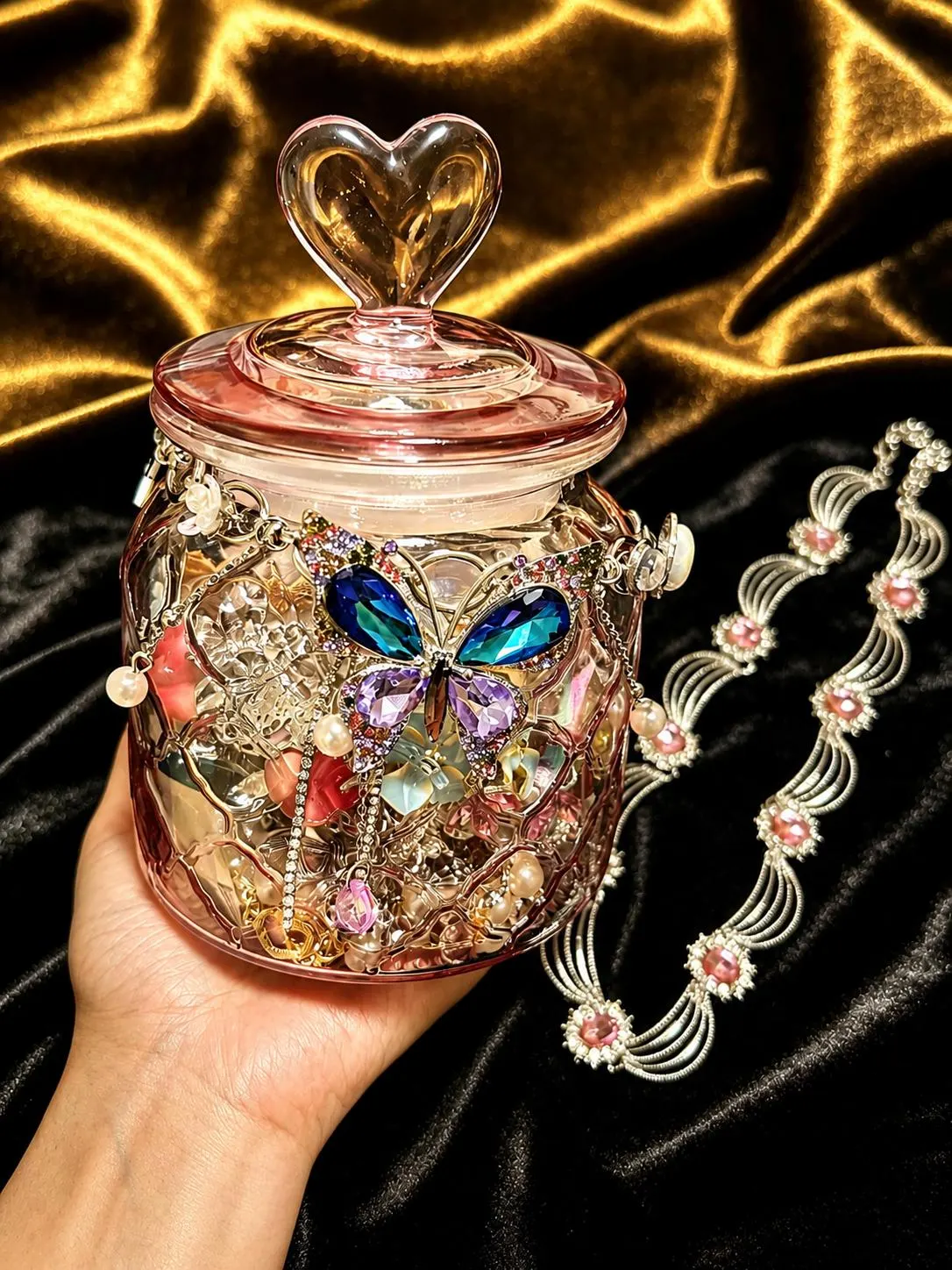 Vintage Inspired Gold Tone Mystery Jewelry Jar fashion jewelry assortment