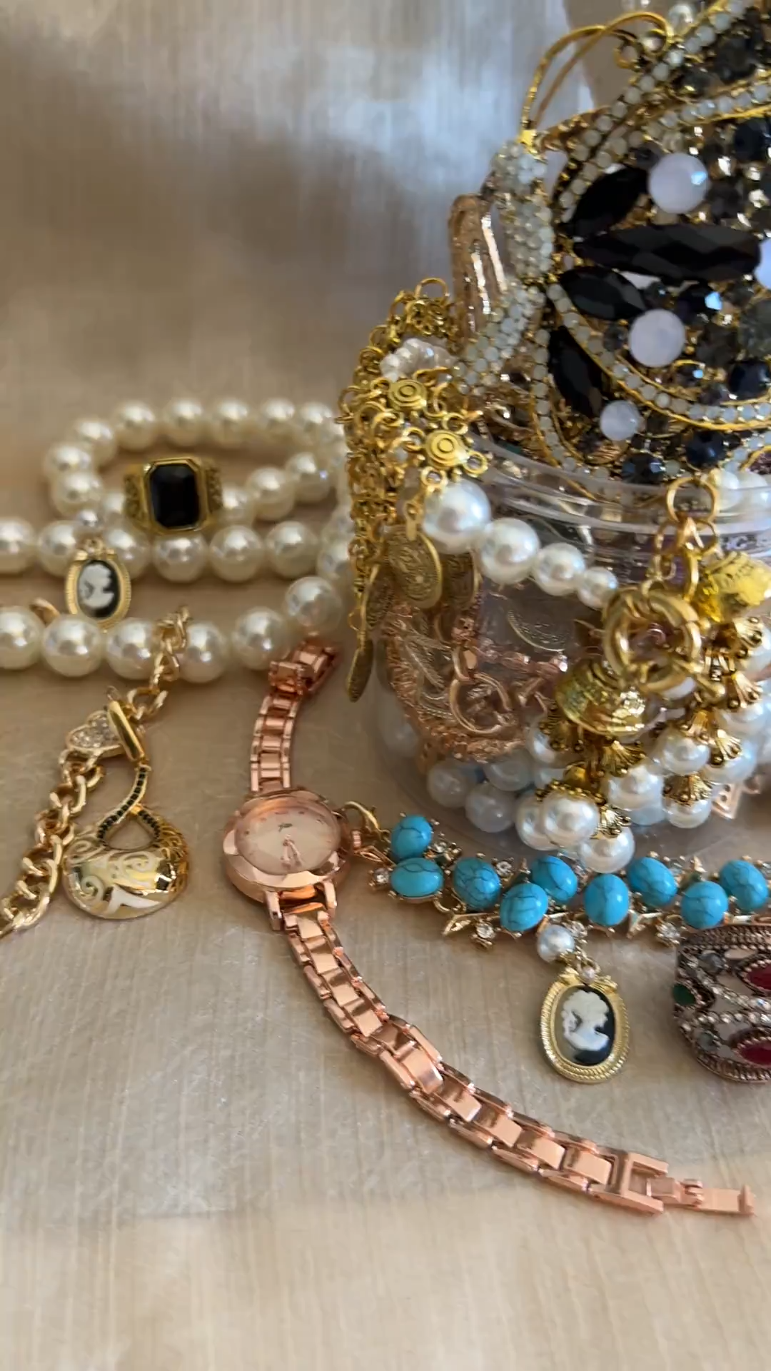 Vintage Inspired Gold Tone Mystery Jewelry Jar fashion jewelry assortment