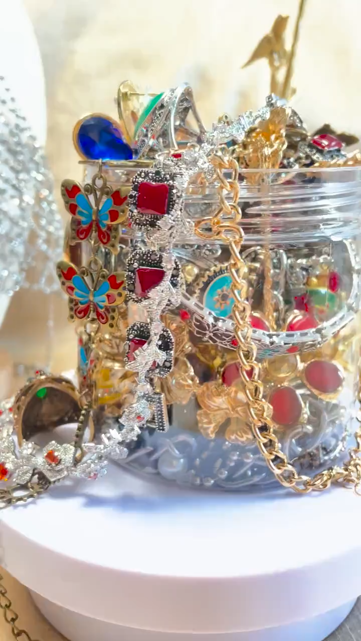 Vintage Inspired Gold Tone Mystery Jewelry Jar fashion jewelry assortment
