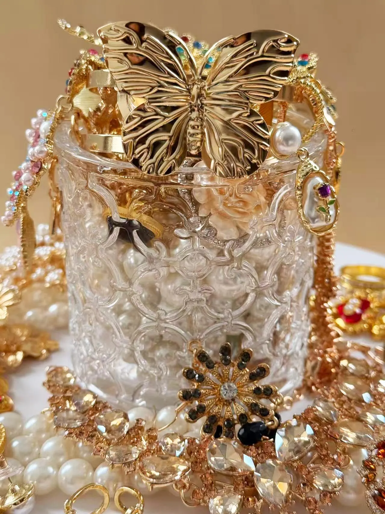 Pink Gold Tone Coquette Mystery Jewelry Jar fashion jewelry assortment