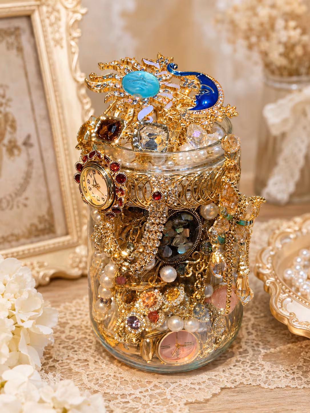 Vintage Inspired Gold Tone Mystery Jewelry Jar fashion jewelry assortment