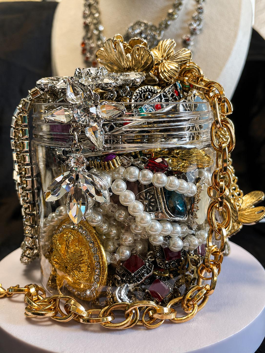 Vintage Inspired Gold Tone Mystery Jewelry Jar fashion jewelry assortment
