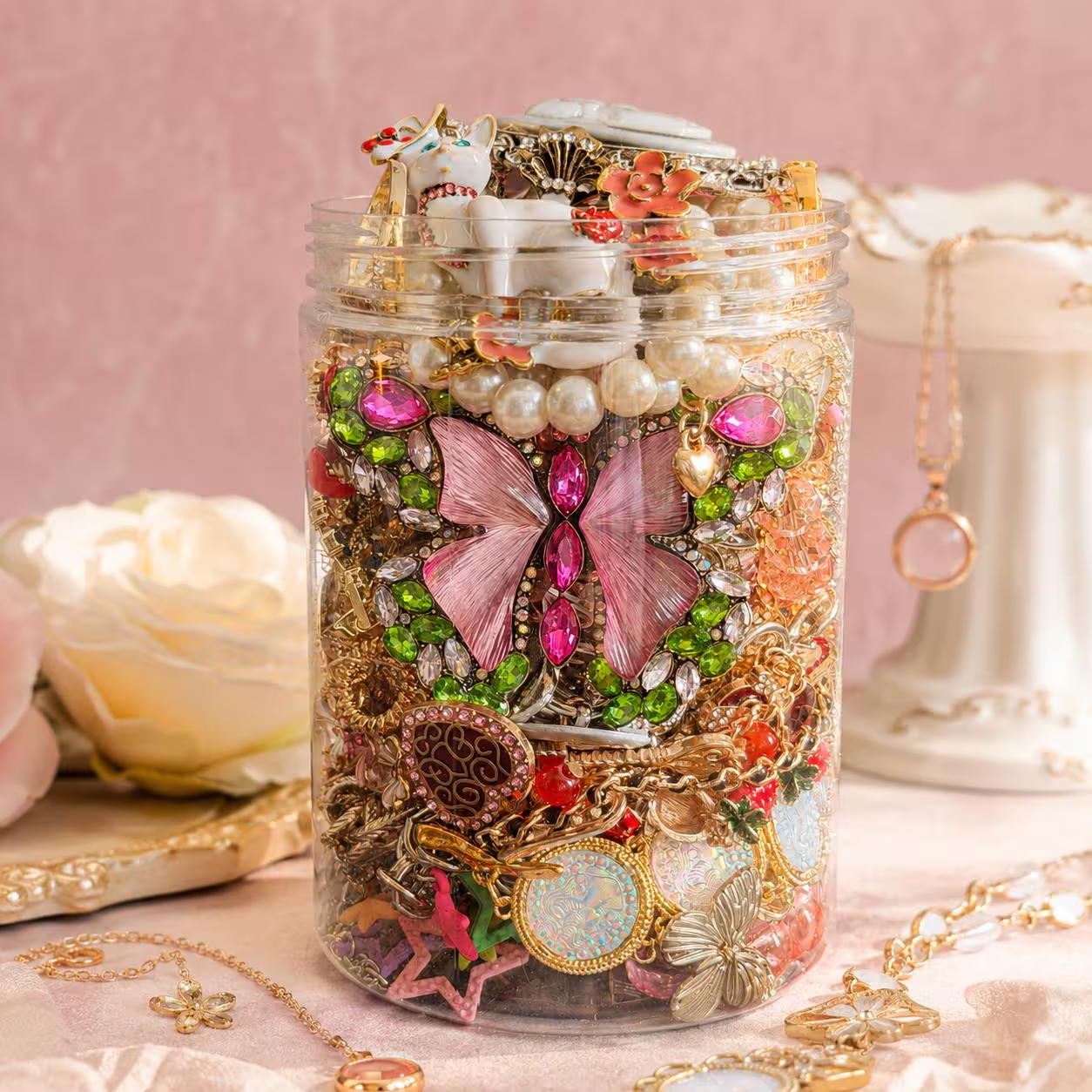 Pink Gold Tone Coquette Mystery Jewelry Jar fashion jewelry assortment