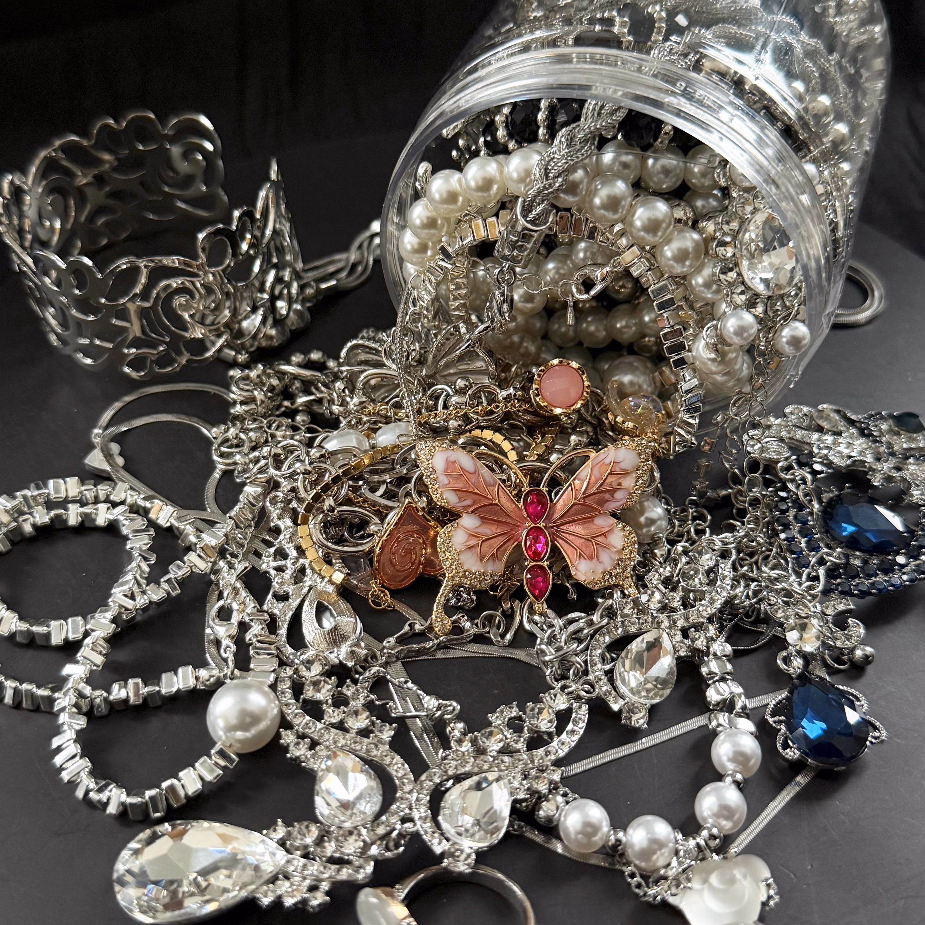 Vintage Inspired Silver Tone Mystery Jewelry Jar fashion jewelry assortment