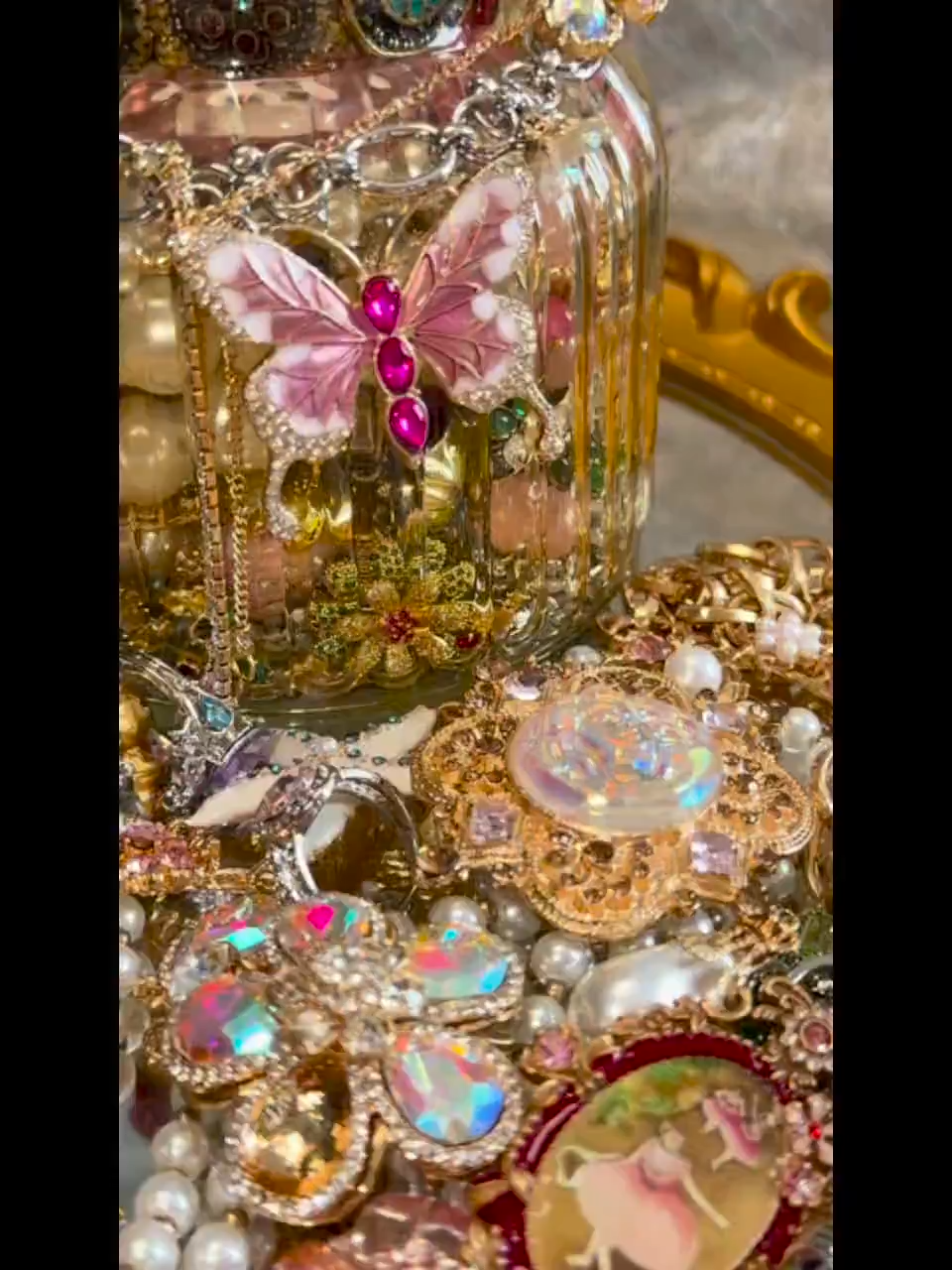 Pink Gold Tone Coquette Mystery Jewelry Jar fashion jewelry assortment