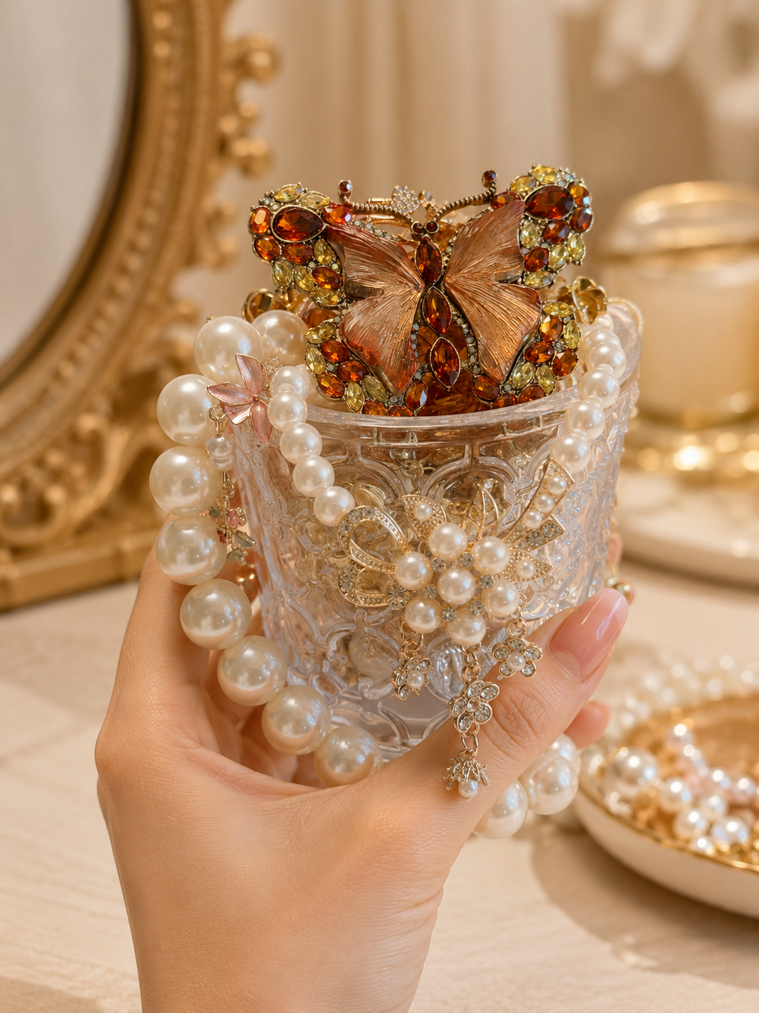 Gold Tone Pearl Style Mystery Jewelry Jar fashion jewelry assortment