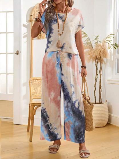 EMERY ROSE Women's Summer Tie Dye Printed Crew Neck Short Sleeve Top And Pants