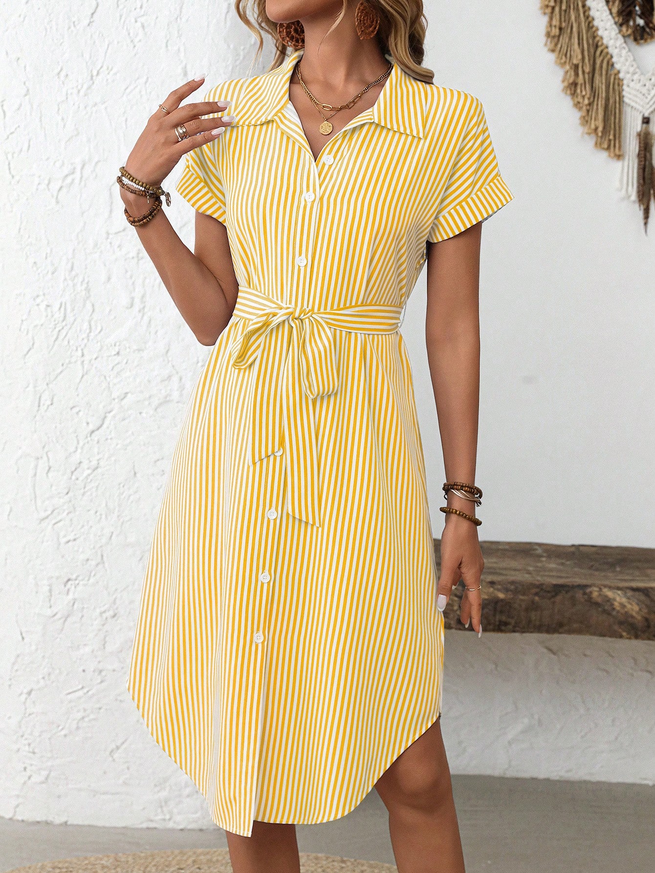 EMERY ROSE Women's Casual Striped Print Button Waist Midi Dress Shirt Women Up Short Sleeve Summer Dress