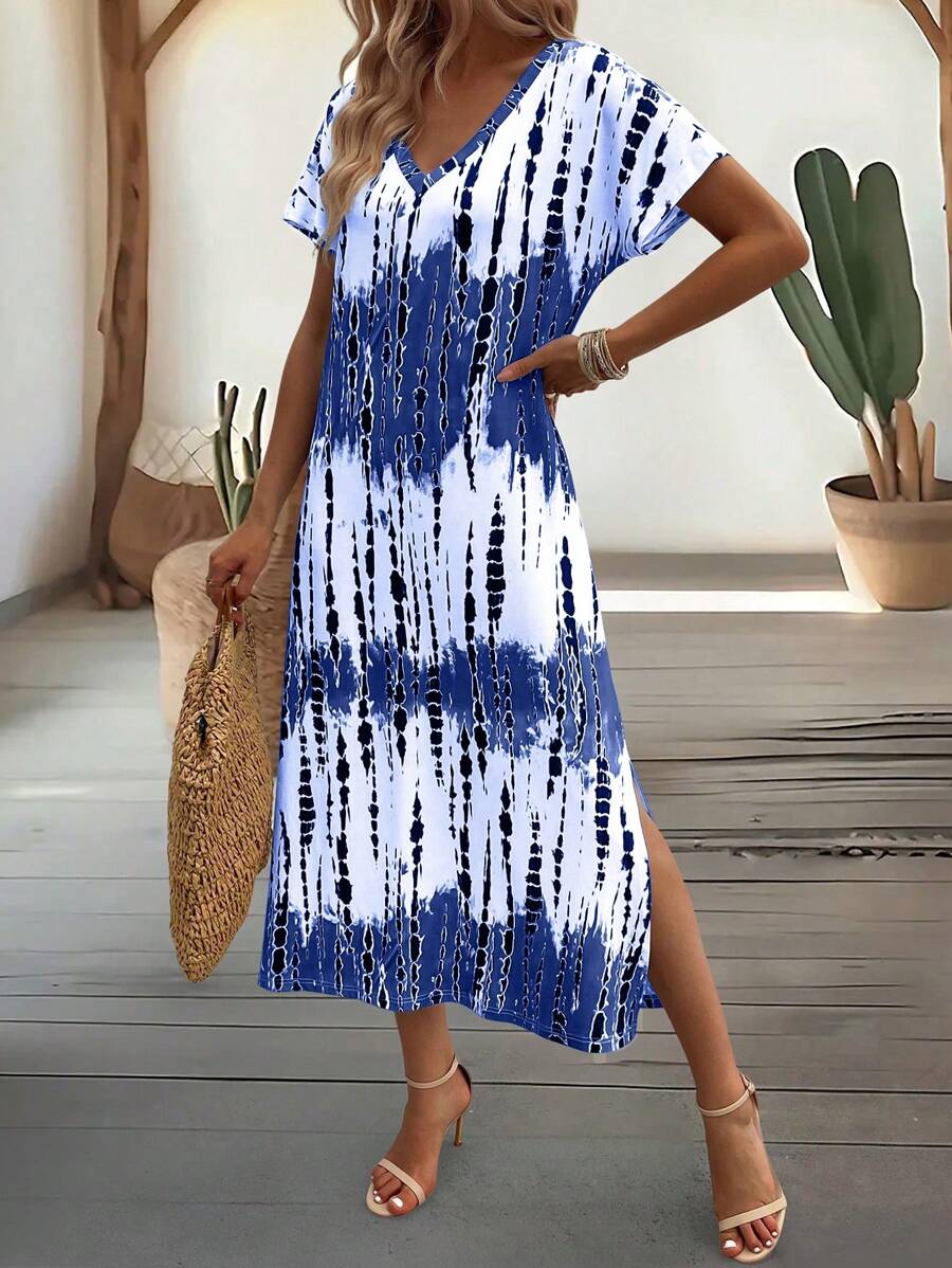EMERY ROSE Summer New Casual Women's V-Neck Short Sleeve Loose Tie-Dye Print Split Dress