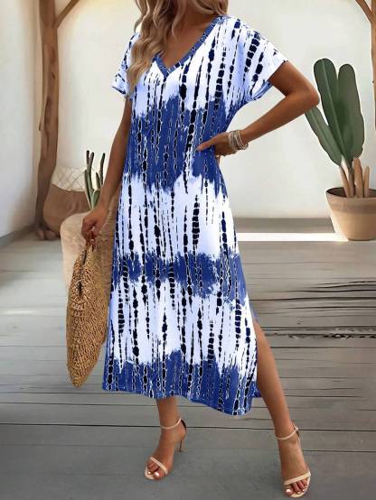 EMERY ROSE Summer New Casual Women's V-Neck Short Sleeve Loose Tie-Dye Print Split Dress