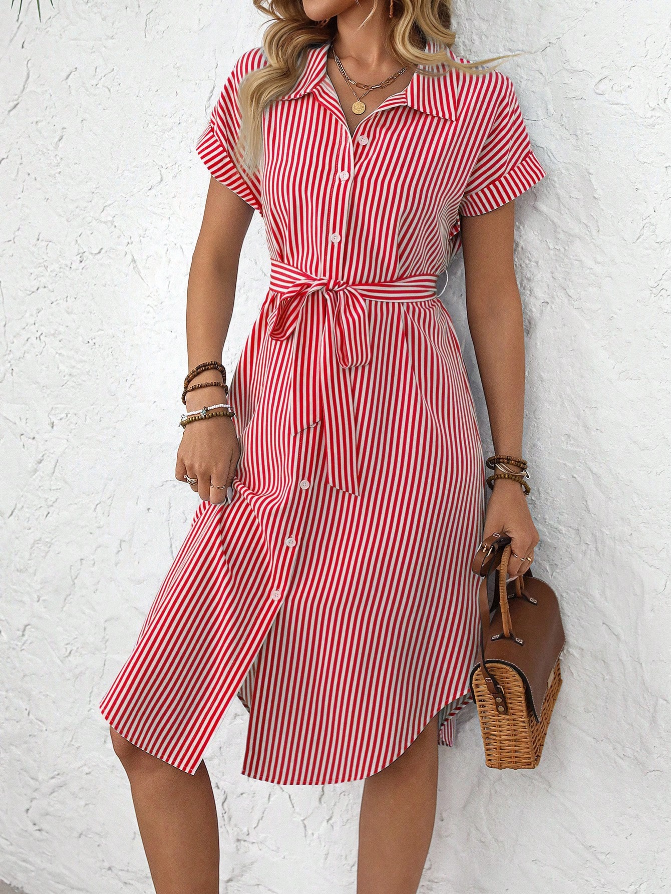 EMERY ROSE Women's Casual Striped Print Button Waist Midi Dress Shirt Women Up Short Sleeve Summer Dress