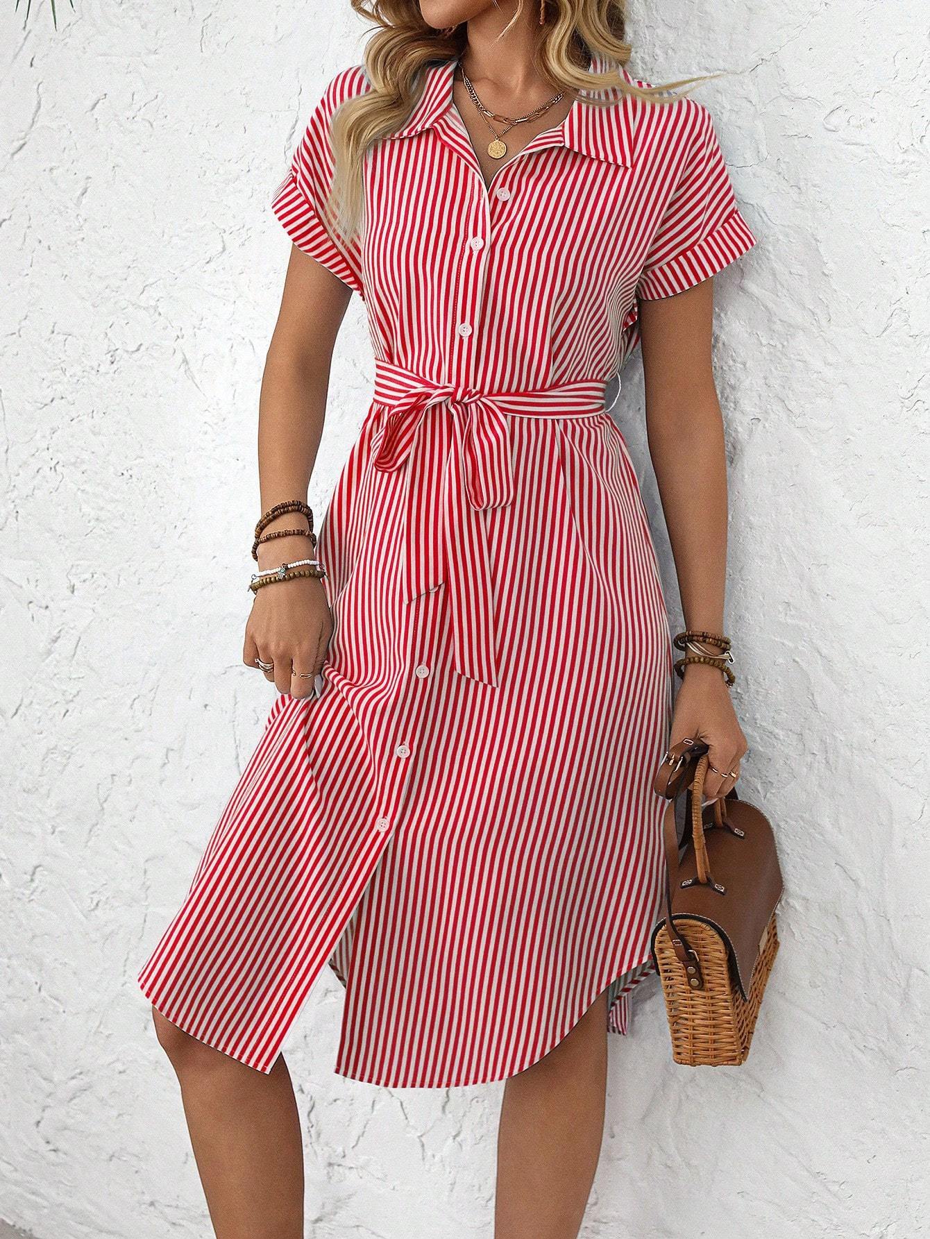 EMERY ROSE Women's Casual Striped Print Button Waist Midi Dress Shirt Women Up Short Sleeve Summer Dress