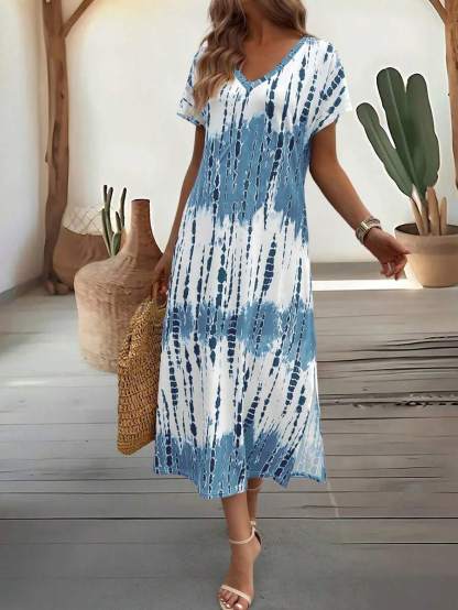 EMERY ROSE Summer New Casual Women's V-Neck Short Sleeve Loose Tie-Dye Print Split Dress