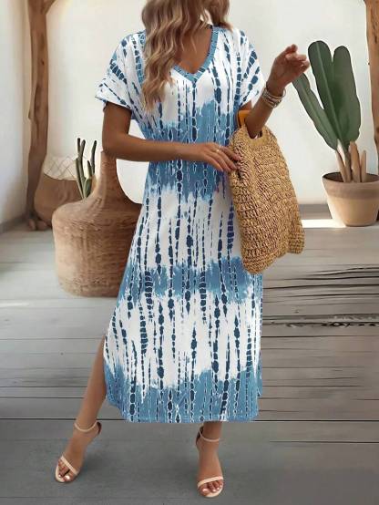 EMERY ROSE Summer New Casual Women's V-Neck Short Sleeve Loose Tie-Dye Print Split Dress