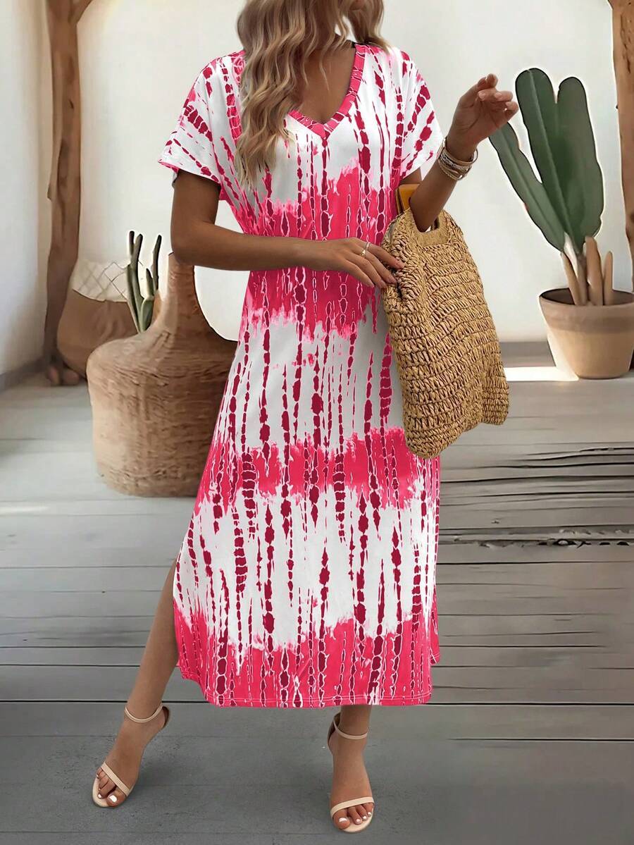 EMERY ROSE Summer New Casual Women's V-Neck Short Sleeve Loose Tie-Dye Print Split Dress