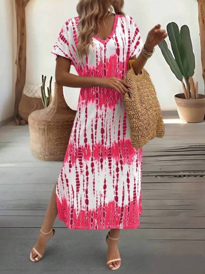 EMERY ROSE Summer New Casual Women's V-Neck Short Sleeve Loose Tie-Dye Print Split Dress