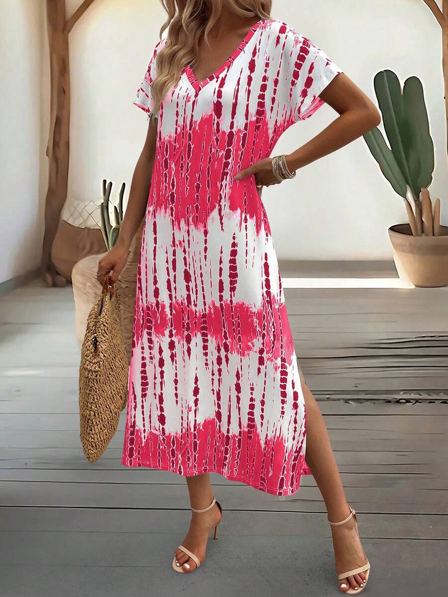 EMERY ROSE Summer New Casual Women's V-Neck Short Sleeve Loose Tie-Dye Print Split Dress