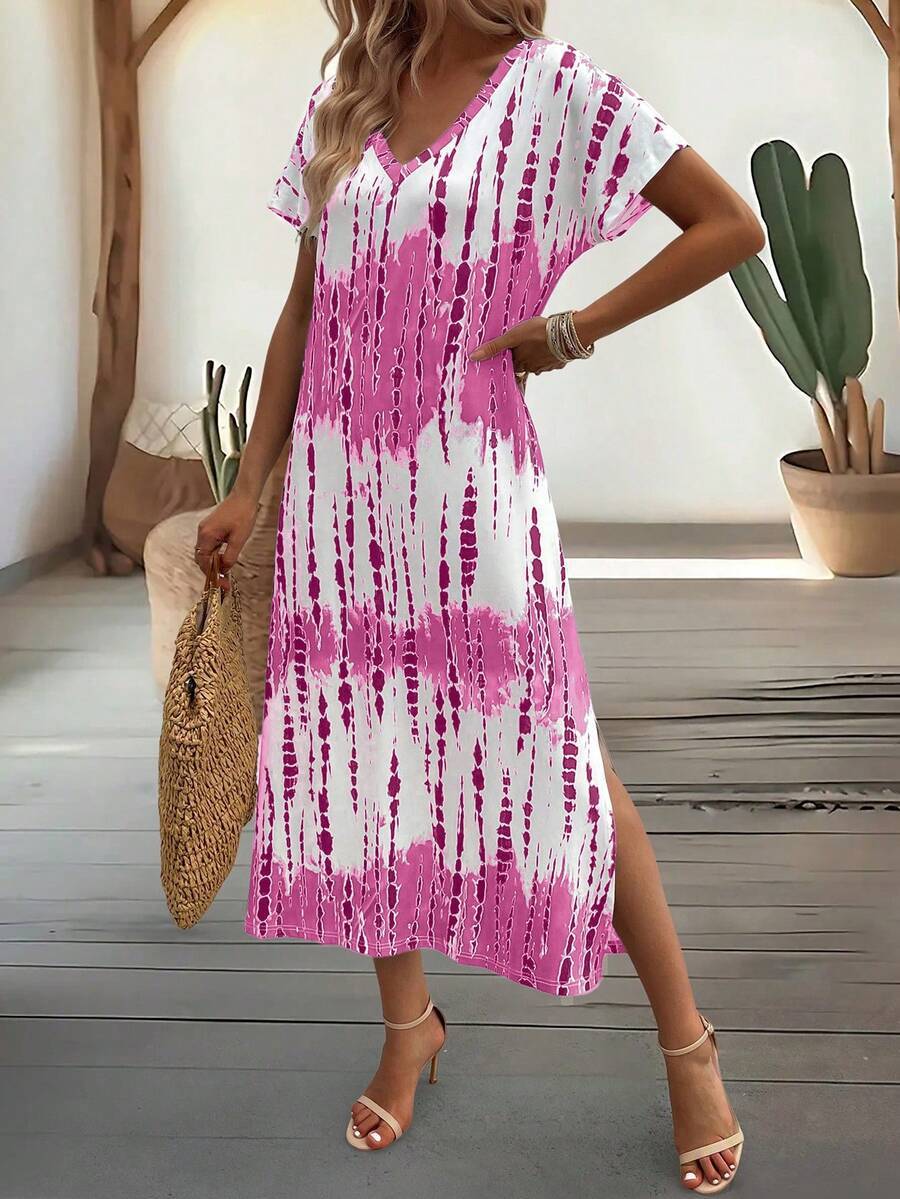 EMERY ROSE Summer New Casual Women's V-Neck Short Sleeve Loose Tie-Dye Print Split Dress