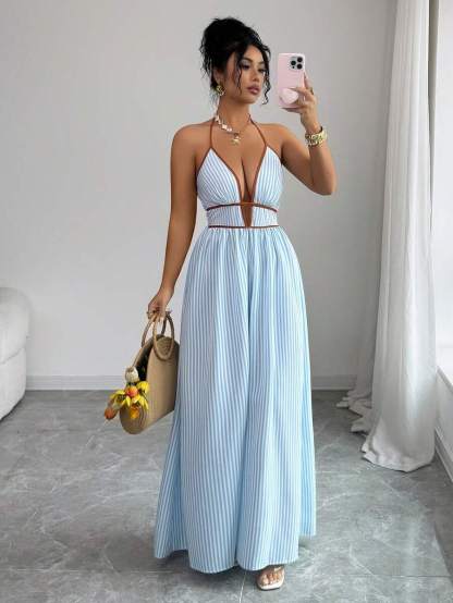 Elenzga Tall Women's Striped Halter Long Cami Dress Sleeveless Blue Flared Hem Beach Style Party Elegant