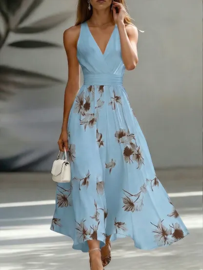 EMERY ROSE AB Patchwork V-Neck Sleeveless Waist Cinched Elegant Midi Dress, Suitable For Work & Vacation