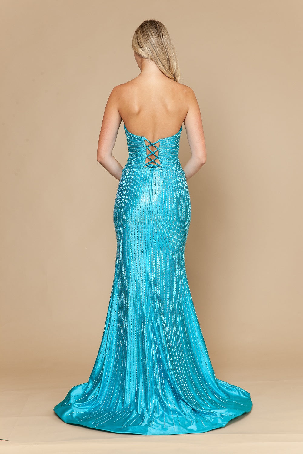 Beaded Satin Strapless Slit Gown by Poly USA 25140