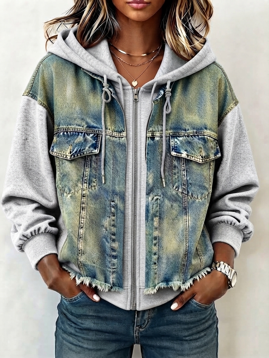 Western Spliced Zip‑Up Denim Hooded Jacket
