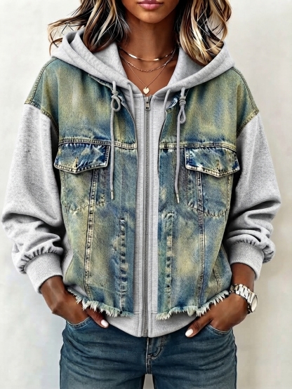 Western Spliced Zip‑Up Denim Hooded Jacket